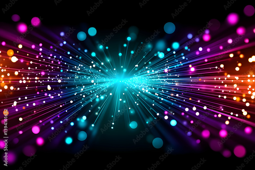 Naklejka premium Vibrant light rays burst from center, colorful bokeh