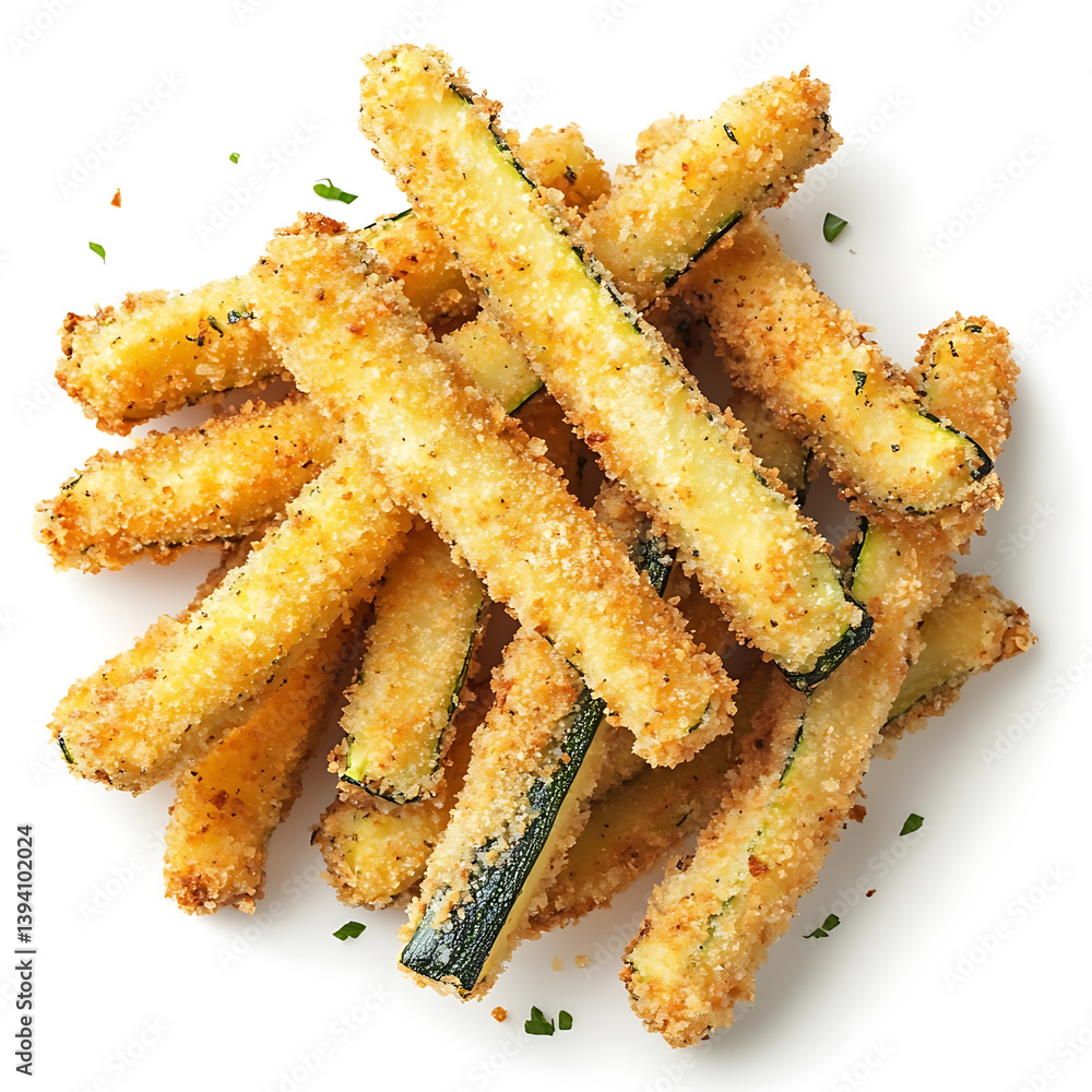 Golden and crispy fried zucchini fries with a perfectly seasoned crunchy coating tender zucchini inside, isolated white background, modern art style Golden and crispy fried zucchini fries with a perfectly seasoned crunchy coating tender zucchini inside, isolated white background, modern art style