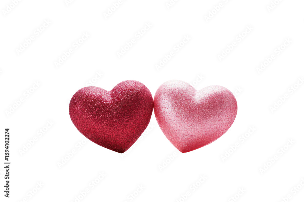 Two symmetrical red hearts with a shiny texture, Isolated on white background Two symmetrical red hearts with a shiny texture, Isolated on white background