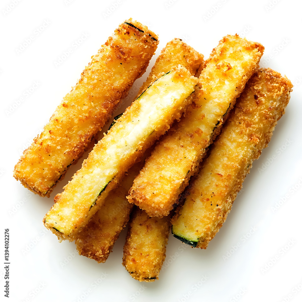 Golden and crispy fried zucchini sticks with a crunchy exterior tender interior, isolated white background, modern art style Golden and crispy fried zucchini sticks with a crunchy exterior tender interior, isolated white background, modern art style
