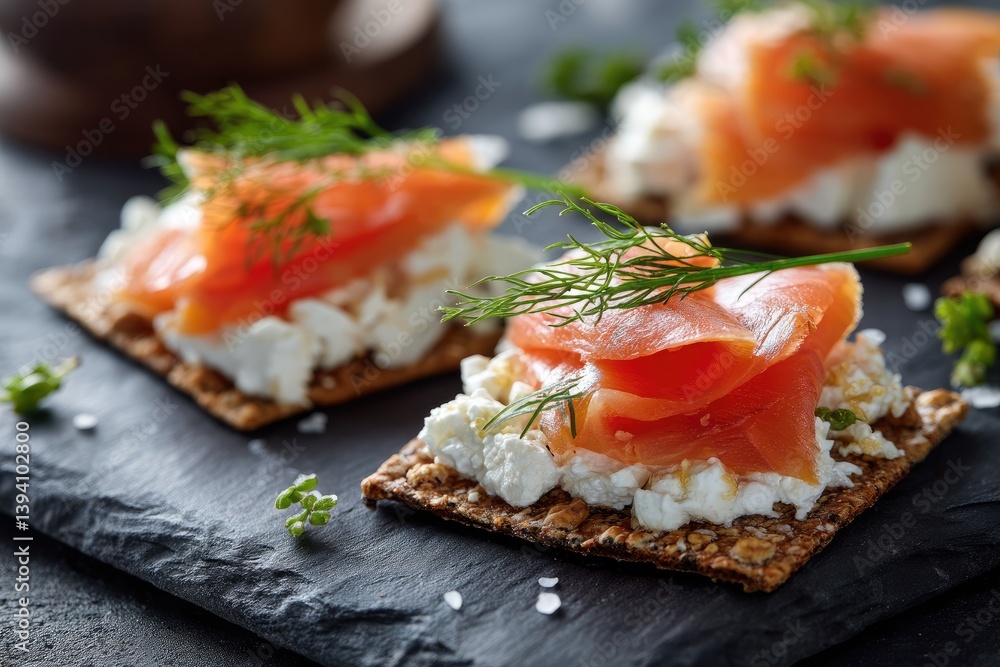 Smoked salmon appetizers on whole grain crackers with cream cheese. Smoked salmon appetizers on whole grain crackers with cream cheese.