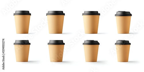 Wallpaper Mural Collection of various sizes and styles of disposable paper coffee cups with black plastic lids, shown against a clean white background. Perfect for showcasing branding and packaging design concepts. Torontodigital.ca