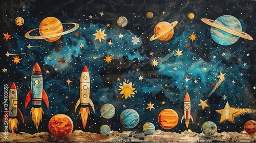 A colorful space mural featuring planets, rockets, and stars against a cosmic background.