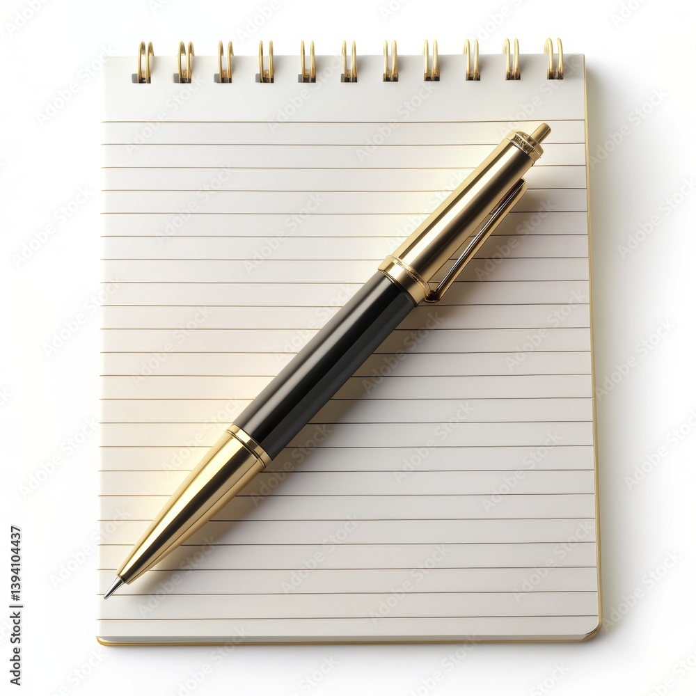 Golden Pen on Lined Notebook, blank page , writing , stationery , note-taking Golden Pen on Lined Notebook, blank page , writing , stationery , note-taking