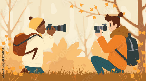 Photographers capturing moments in an autumn setting with vibrant foliage