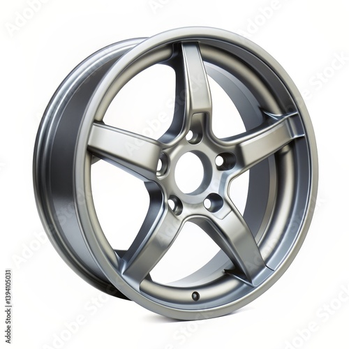 Silver Alloy Wheel with 5 Spokes, White Background, Car Part, Automotive, Rim, Alloy, Wheel