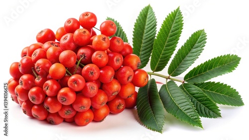 Cuadro en lienzo A cluster of vibrant red rowan berries with fresh green leaves on a white backgr