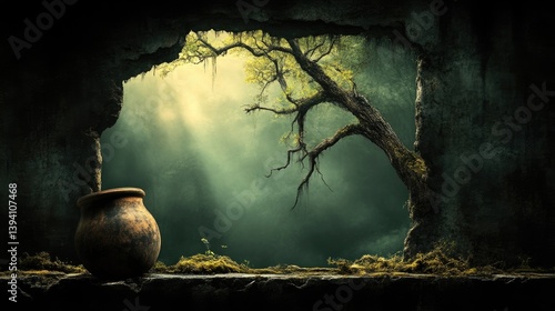 Cave opening to mystical forest