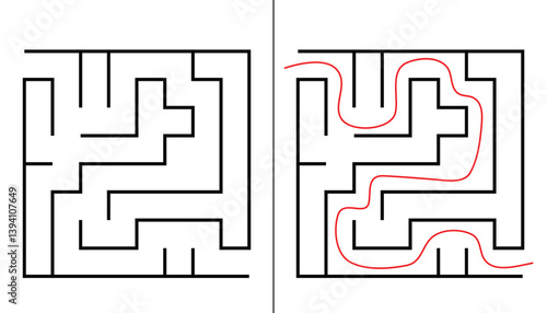 Find right way puzzle game with the solution. education logic game for kids. labyrinth maze game. simple logic game. puzzle for children