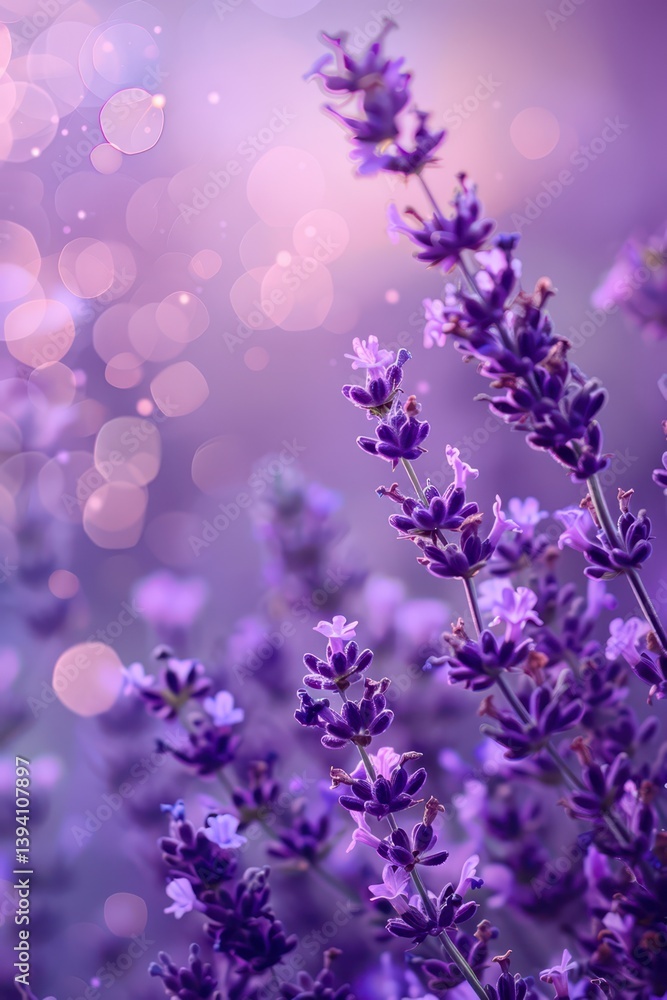 Fototapeta premium Vibrant lavender blossoms in full summer bloom with soft bokeh background. Purple summer background. Bokeh effect. Vertical banner. Copy space