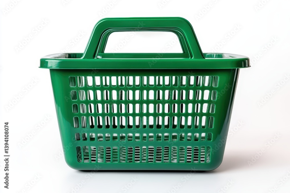 Fototapeta premium Side view of green plastic shopping basket isolated on white background