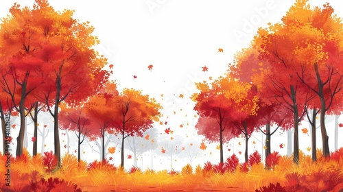 A vibrant autumn landscape with colorful trees and falling leaves.