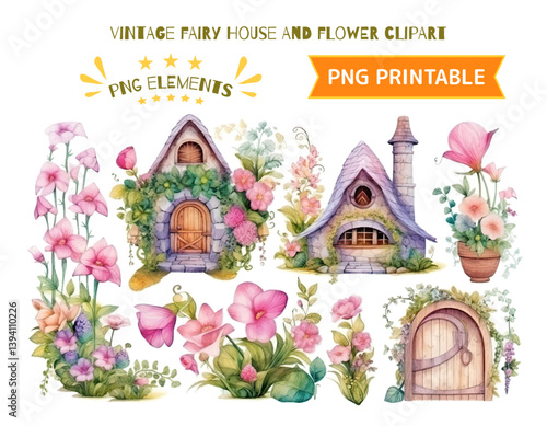 Vintage fairy house and flowers clipart illustration