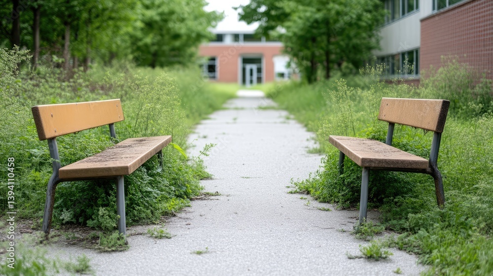 Empty benches line a path through overgrown greenery, leading to a building Empty benches line a path through overgrown greenery, leading to a building