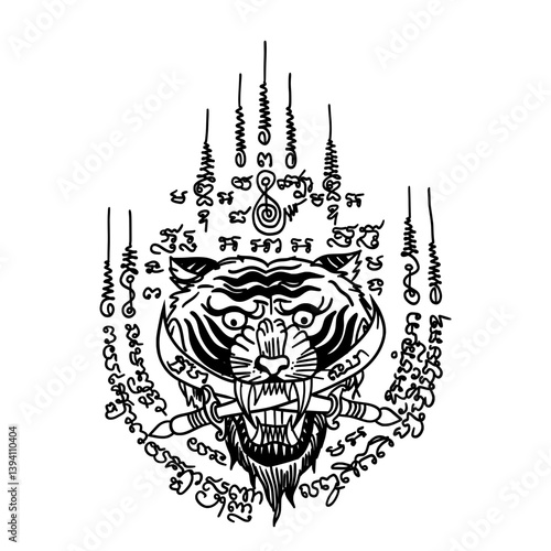 Thai traditional tattoo.  "Yant Suea Kab Dab" or "Tiger Holding Sword Yantra." Thai text translation:  protection, courage, power, and authority to the wearer.