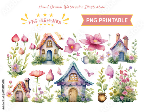 Watercolor fairy house and flowers clipart illustration