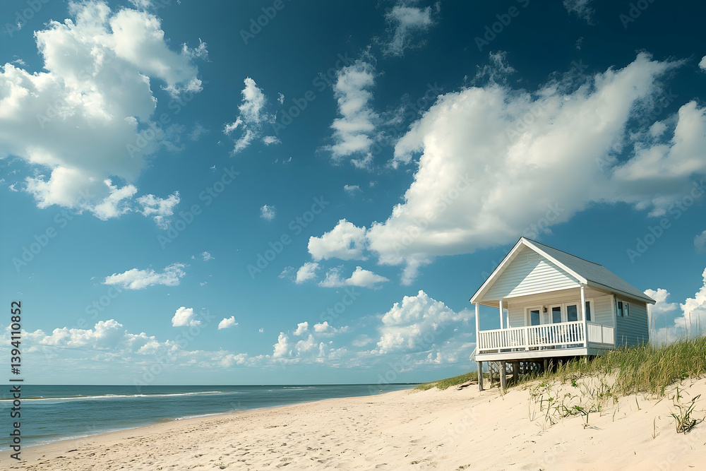 A charming white beach house sits on a sandy shore under a beautiful sky. A charming white beach house sits on a sandy shore under a beautiful sky.