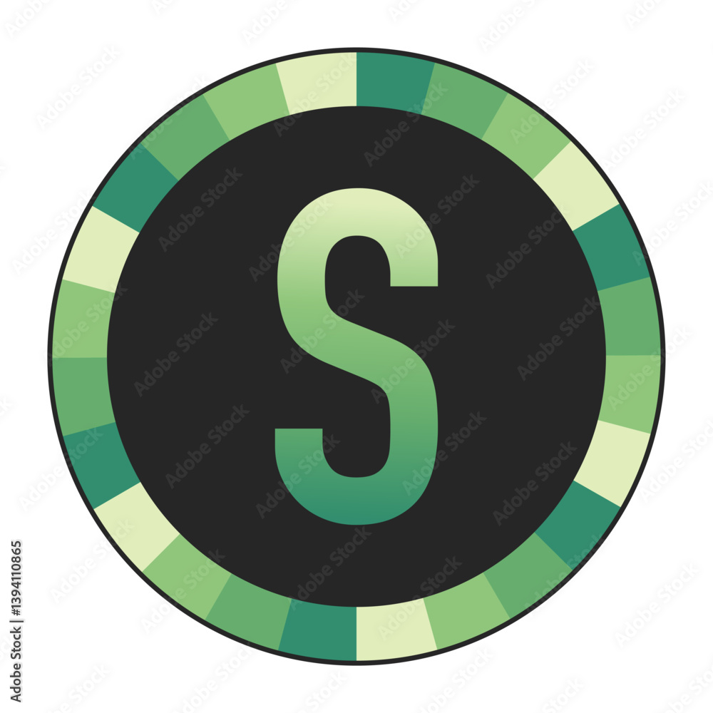 Graphic Image of a Circle with Lime Green, Emerald Green, and Off-White Gradients Featuring a Prominent Dark Green Capital Letter “S” on a Solid Black Background, enclosed in a black frame. Graphic Image of a Circle with Lime Green, Emerald Green, and Off-White Gradients Featuring a Prominent Dark Green Capital Letter “S” on a Solid Black Background, enclosed in a black frame.