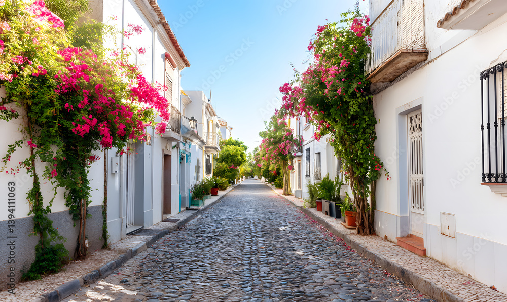 Fototapeta premium A beautiful cobblestone street in a small town, Generative AI