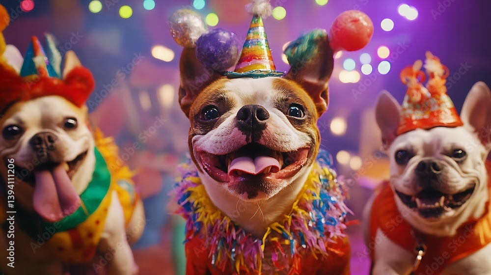Three French Bulldogs in Festive Costumes at a Party Three French Bulldogs in Festive Costumes at a Party