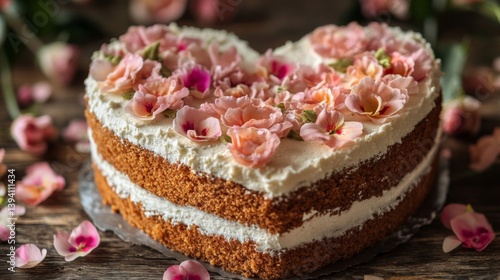 Wallpaper Mural Heart Shaped Layer Cake with Pink Carnations on Rustic Wood Table with Cream Frosting Torontodigital.ca