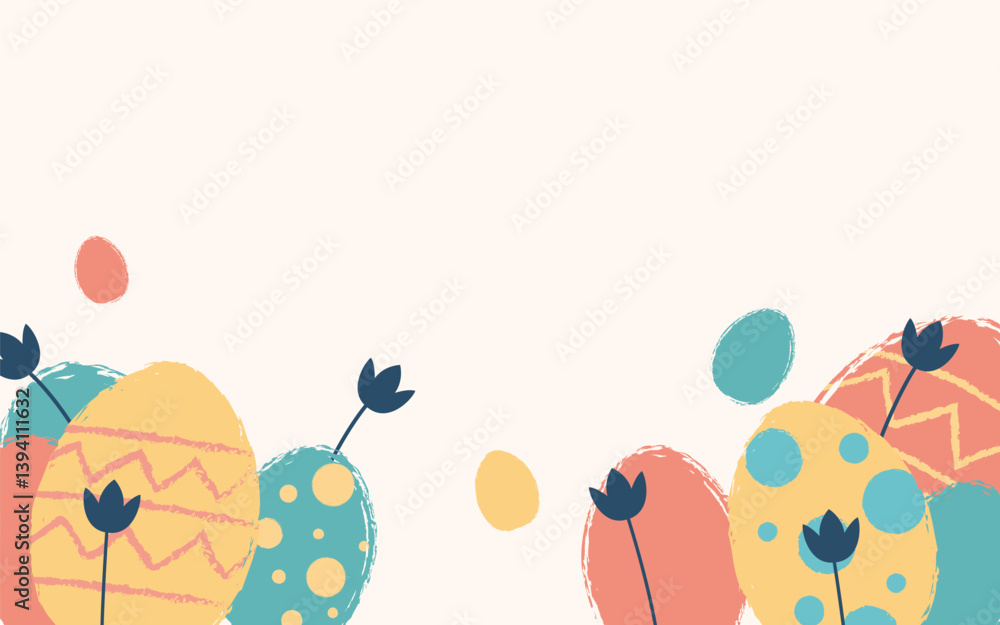 Fototapeta premium Easter eggs greeting card theme design background. Eggs, flower in pastel color background