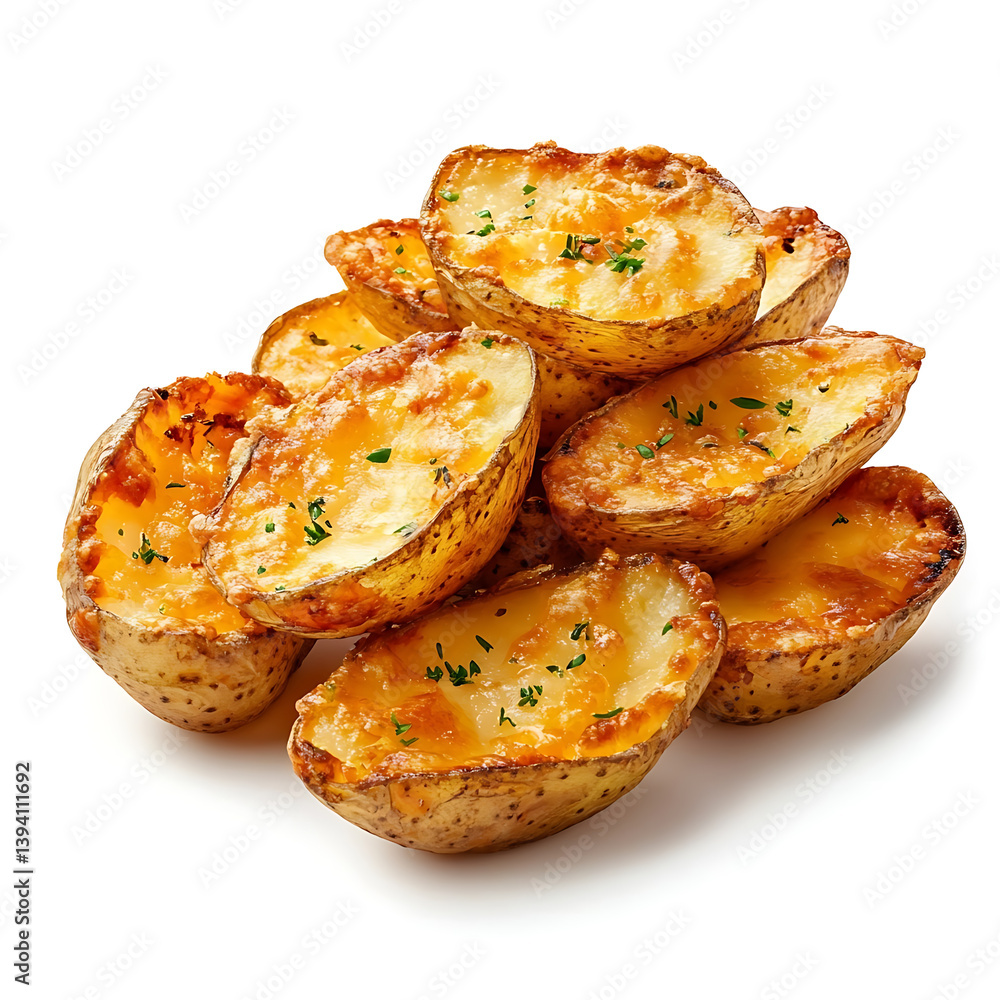 Golden and crispy potato skins with a perfectly fried exterior and cheesy filling inside, isolated white background, hyperrealism art style Golden and crispy potato skins with a perfectly fried exterior and cheesy filling inside, isolated white background, hyperrealism art style