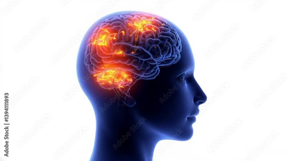 human head with brain. Head, brain lit up, neural connections, head tissues moving. human head with brain. Head, brain lit up, neural connections, head tissues moving.