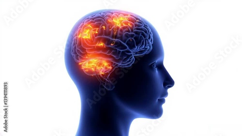 human head with brain. Head, brain lit up, neural connections, head tissues moving.