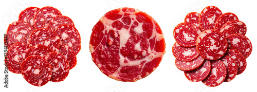Salami slices of different views, three types of round meat pieces on a transparent background