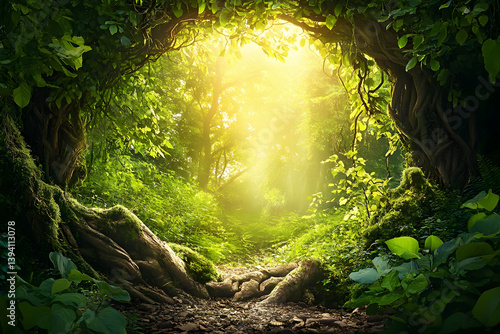 Fototapeta Naklejka Na Ścianę i Meble -  A sun-drenched forest path, bathed in golden light, reveals a mystical, verdant canopy.
