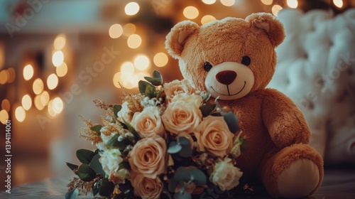 Wallpaper Mural Teddy Bear Hugging Bouquet of Cream Roses in Soft Warm Ambient Lighting Torontodigital.ca