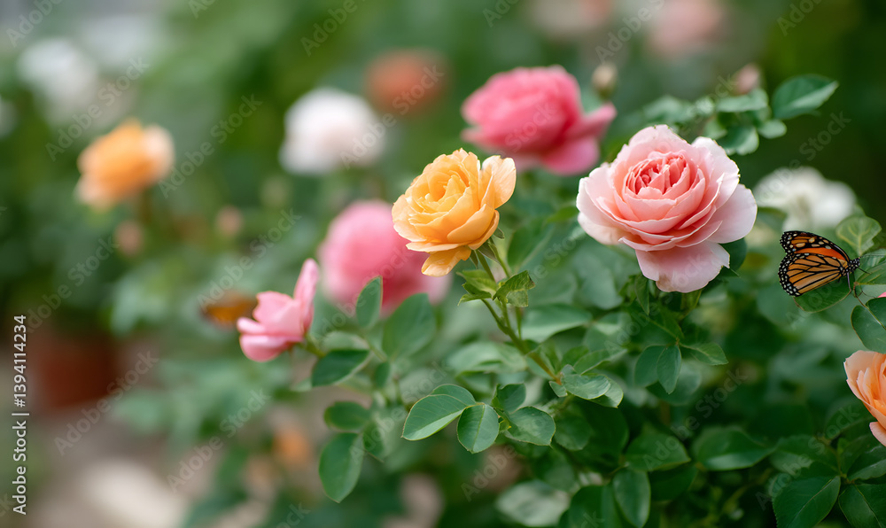 A beautiful flower garden with roses of various colors and butterflies, Generative AI A beautiful flower garden with roses of various colors and butterflies, Generative AI