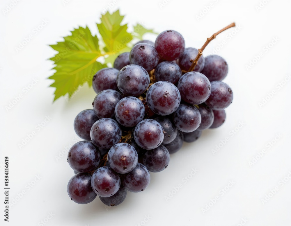 Fresh Dark Grapes Bunch with Green Leaf on White Background Fresh Dark Grapes Bunch with Green Leaf on White Background