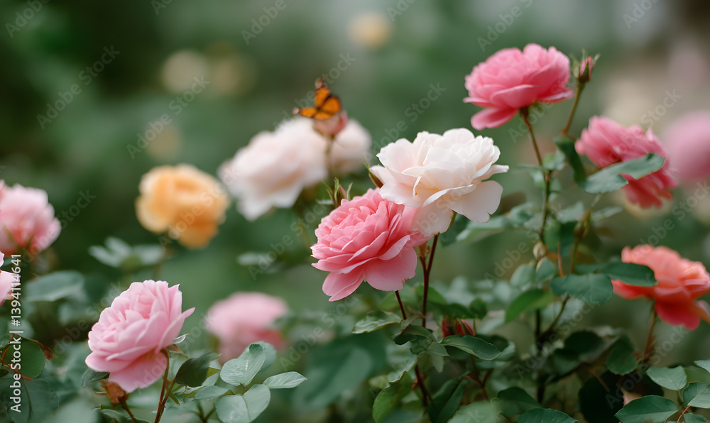 A beautiful flower garden with roses of various colors and butterflies, Generative AI A beautiful flower garden with roses of various colors and butterflies, Generative AI