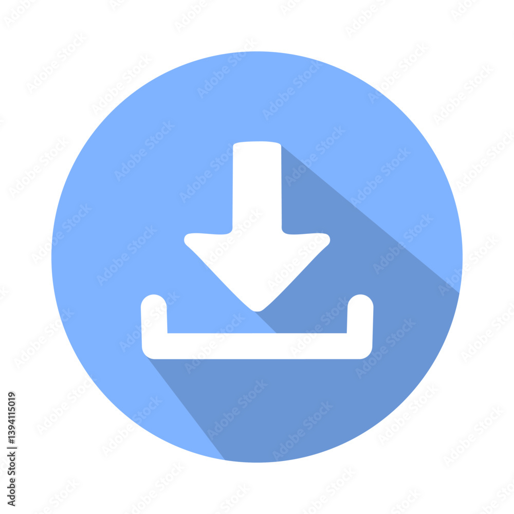 Download vector icon. Flat design style downloading symbol with long shadow isolated on blue background. Download vector icon. Flat design style downloading symbol with long shadow isolated on blue background.