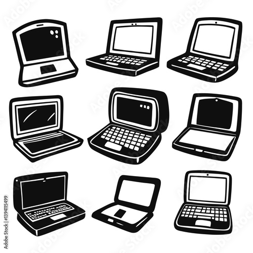 Hand-Drawn Laptop Doodle Bundle – 6 Black and White Miscellaneous Illustrations Set