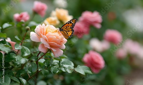 Fototapeta Naklejka Na Ścianę i Meble -  A beautiful flower garden with roses of various colors and butterflies, Generative AI