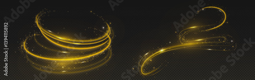 Golden magic light trails on black background. Shiny gold dynamic waves with sparkling stardust effect. Glowing magical curved lines - elegant festive decoration. Fantasy luxury design elements.