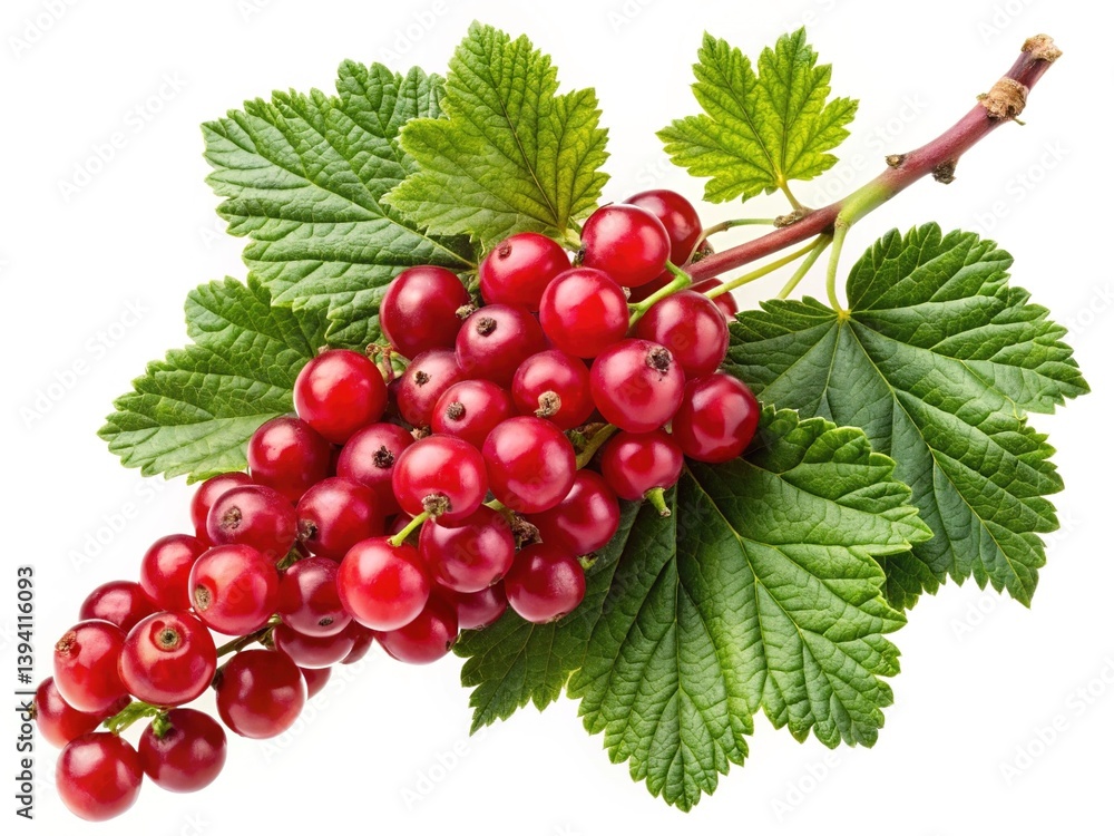 A vibrant bunch of ripe red currants on a branch with lush green leaves A vibrant bunch of ripe red currants on a branch with lush green leaves