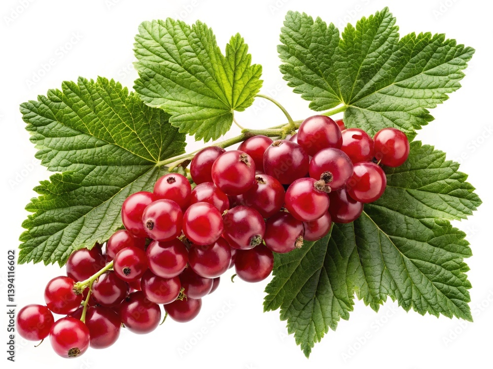 A Bunch of Ripe Red Currants with Lush Green Leaves Isolated on White Background A Bunch of Ripe Red Currants with Lush Green Leaves Isolated on White Background