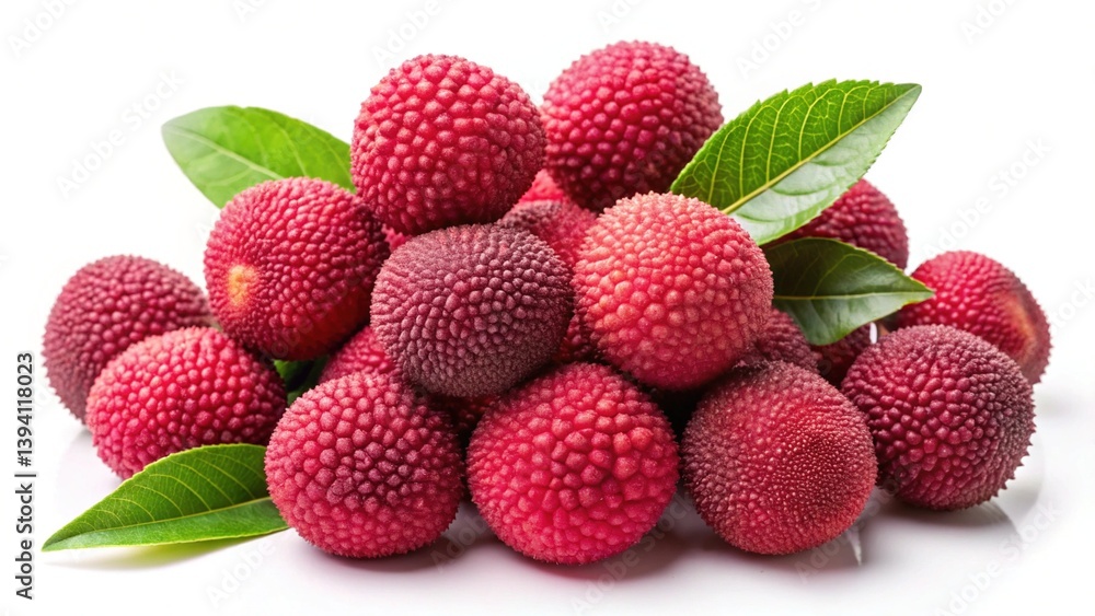 A Delicious Pile of Fresh Red Lychees with Green Leaves A Delicious Pile of Fresh Red Lychees with Green Leaves