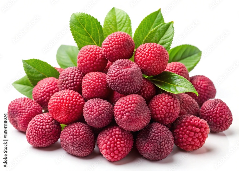 A Heap of Fresh Red Raspberries with Lush Green Leaves on a White Background A Heap of Fresh Red Raspberries with Lush Green Leaves on a White Background