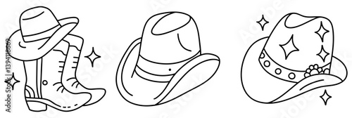 Stylish cowboy hats and boots shine brightly, showcasing blend of tradition and flair in this charming illustration