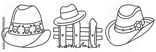 Stylish cowboy hats with unique designs are displayed alongside rustic wooden fence, creating charming scene