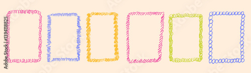 Line curve frame with texture crayon chalk. Scribble hand drawn set frame colorful on black background. Curve crayon chalk set, Vector illustration