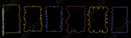 Line curve frame with texture crayon chalk. Scribble hand drawn set frame colorful on black background. Curve crayon chalk set, Vector illustration