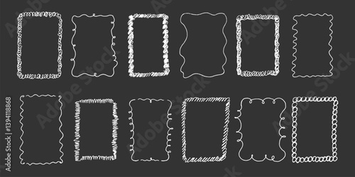 Line curve frame with texture crayon chalk. Scribble hand drawn set frame colorful on black background. Curve crayon chalk set, Vector illustration