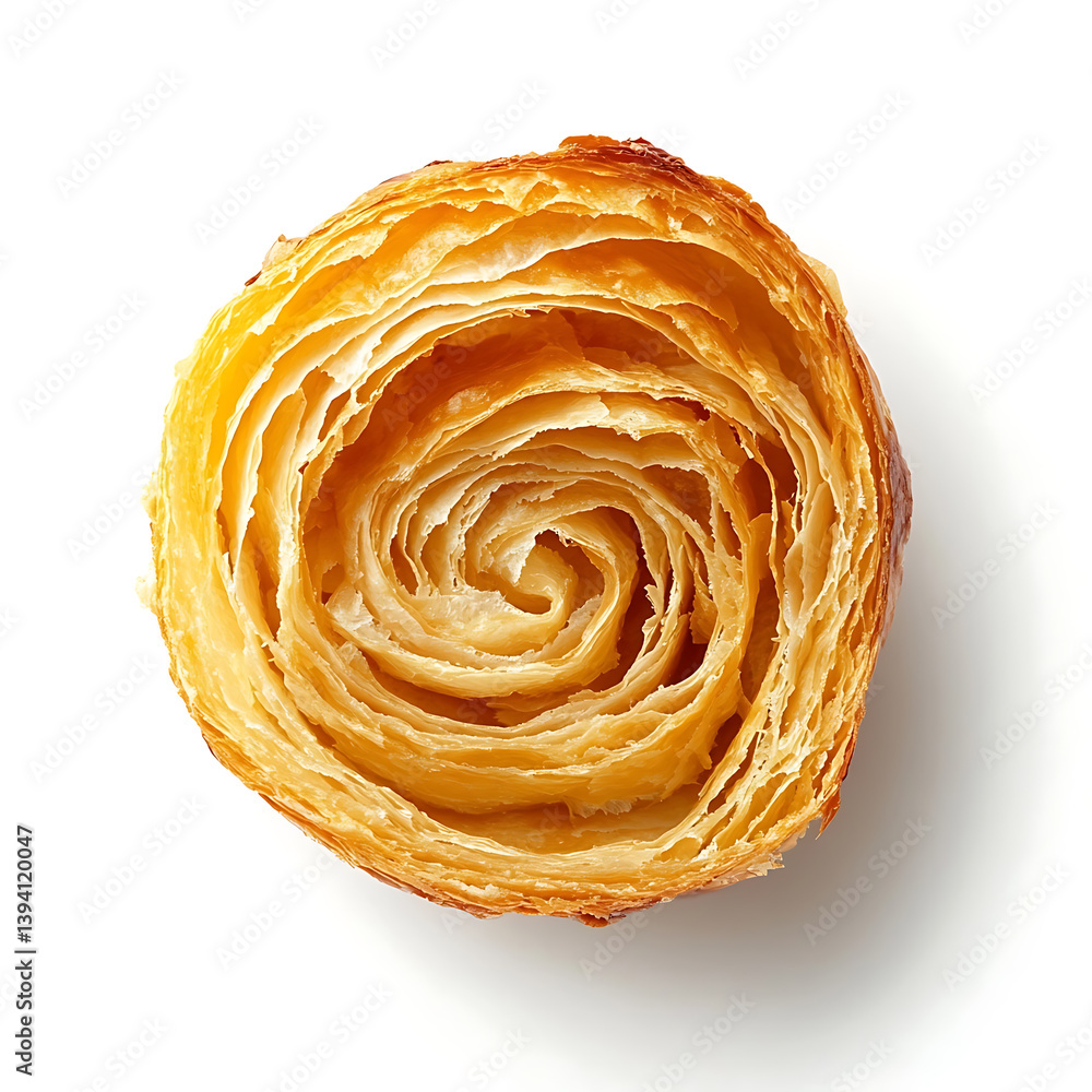 Fototapeta premium Golden and flaky croissant with a delicate buttery aroma perfectly layered crisp outer shell, isolated white background, modern art style