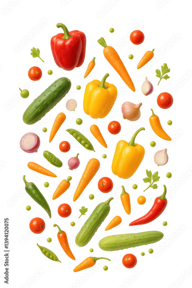 Freigestelltes fliegendes buntes Gemüse auf transparentem Hintergrund, Isolated flying colorful vegetables on transparent background